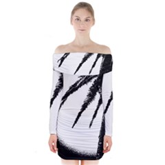 Black And White Tropical Moonscape Illustration Long Sleeve Off Shoulder Dress by dflcprintsclothing