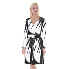 Black And White Tropical Moonscape Illustration Long Sleeve Velvet Front Wrap Dress