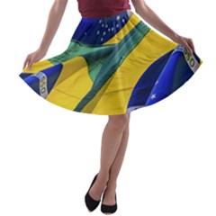 Brazil Flags Waving Background A-line Skater Skirt by dflcprintsclothing