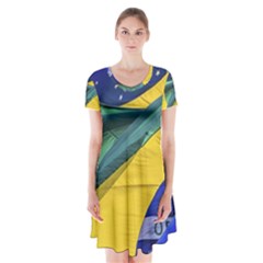 Brazil Flags Waving Background Short Sleeve V-neck Flare Dress