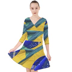 Brazil Flags Waving Background Quarter Sleeve Front Wrap Dress