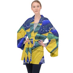 Brazil Flags Waving Background Long Sleeve Velvet Kimono 