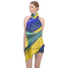 Brazil Flags Waving Background Halter Asymmetric Satin Top by dflcprintsclothing