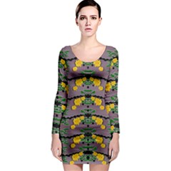 Plumeria And Frangipani Temple Flowers Ornate Long Sleeve Bodycon Dress by pepitasart