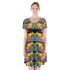 Plumeria And Frangipani Temple Flowers Ornate Short Sleeve V-neck Flare Dress by pepitasart