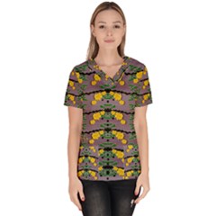 Plumeria And Frangipani Temple Flowers Ornate Women s V-neck Scrub Top by pepitasart