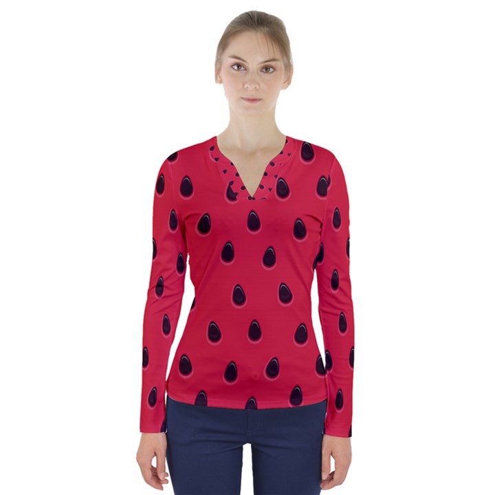 Seamless Watermelon Surface Texture V-Neck Long Sleeve Top