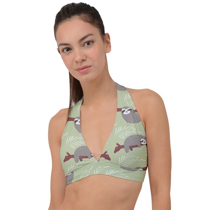 Sloths Pattern Design Halter Plunge Bikini Top