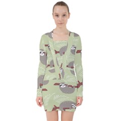 Sloths Pattern Design V-neck Bodycon Long Sleeve Dress by Vaneshart