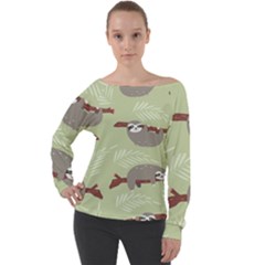 Sloths Pattern Design Off Shoulder Long Sleeve Velour Top