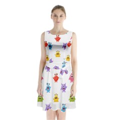 Seamless Pattern Cute Funny Monster Cartoon Isolated White Background Sleeveless Waist Tie Chiffon Dress by Vaneshart