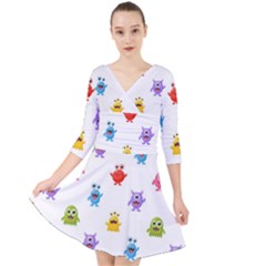 Seamless Pattern Cute Funny Monster Cartoon Isolated White Background Quarter Sleeve Front Wrap Dress by Vaneshart