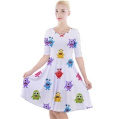 Seamless Pattern Cute Funny Monster Cartoon Isolated White Background Quarter Sleeve A-line Dress by Vaneshart