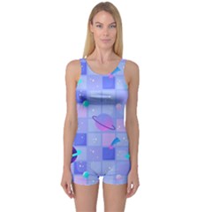 Seamless Pattern Pastel Galaxy Future One Piece Boyleg Swimsuit by Vaneshart