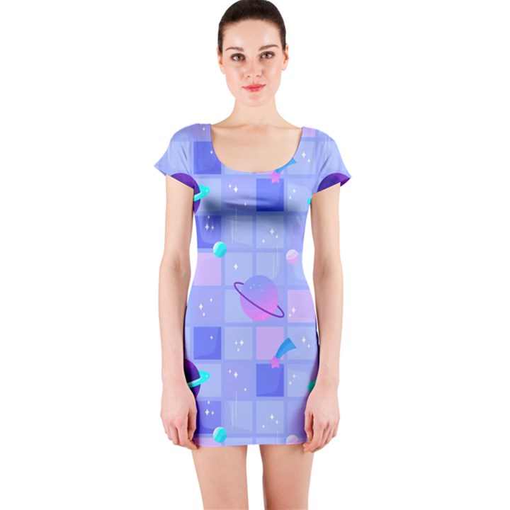 Seamless Pattern Pastel Galaxy Future Short Sleeve Bodycon Dress