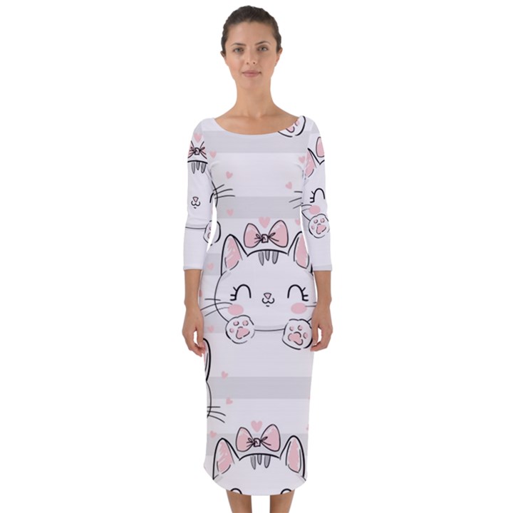 Cat With Bow Pattern Quarter Sleeve Midi Bodycon Dress