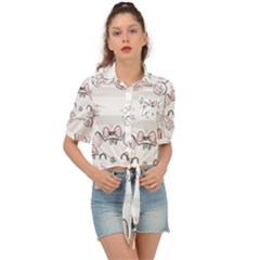 Cat With Bow Pattern Tie Front Shirt 