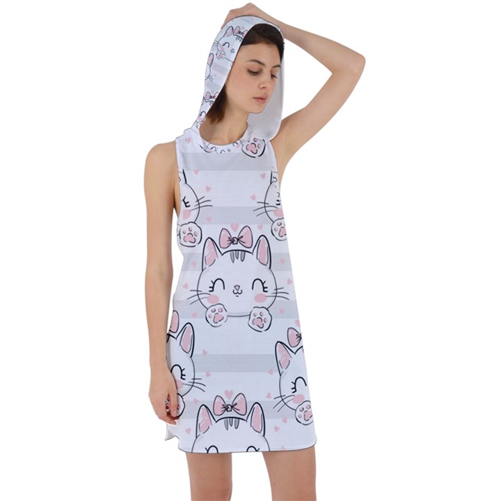 Cat With Bow Pattern Racer Back Hoodie Dress