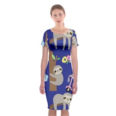 Hand Drawn Cute Sloth Pattern Background Classic Short Sleeve Midi Dress