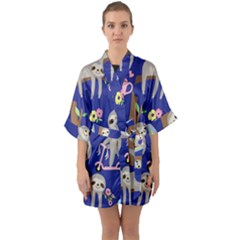 Hand Drawn Cute Sloth Pattern Background Half Sleeve Satin Kimono 