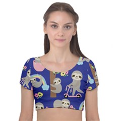 Hand Drawn Cute Sloth Pattern Background Velvet Short Sleeve Crop Top  by Vaneshart