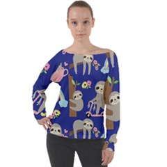 Hand Drawn Cute Sloth Pattern Background Off Shoulder Long Sleeve Velour Top