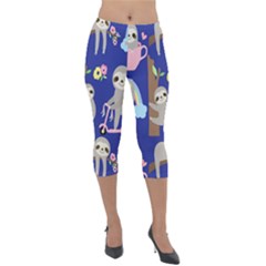 Hand Drawn Cute Sloth Pattern Background Lightweight Velour Capri Leggings  by Vaneshart