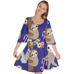 Hand Drawn Cute Sloth Pattern Background Velour Kimono Dress by Vaneshart