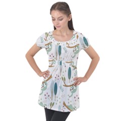 Pattern Sloth Woodland Puff Sleeve Tunic Top by Vaneshart