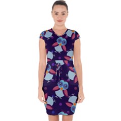 Owl Pattern Background Capsleeve Drawstring Dress 