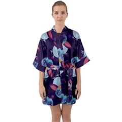 Owl Pattern Background Half Sleeve Satin Kimono 