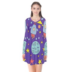 Card With Lovely Planets Long Sleeve V-neck Flare Dress