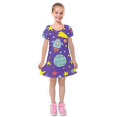 Card With Lovely Planets Kids  Short Sleeve Velvet Dress