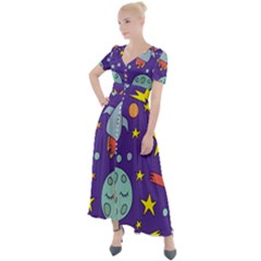 Card With Lovely Planets Button Up Short Sleeve Maxi Dress