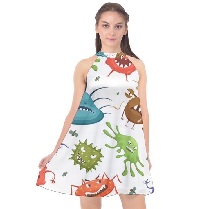 Dangerous Streptococcus Lactobacillus Staphylococcus Others Microbes Cartoon Style Vector Seamless Halter Neckline Chiffon Dress 