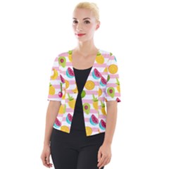 Tropical Fruits Berries Seamless Pattern Cropped Button Cardigan by Vaneshart