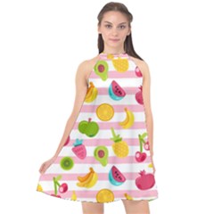 Tropical Fruits Berries Seamless Pattern Halter Neckline Chiffon Dress  by Vaneshart