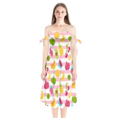 Tropical Fruits Berries Seamless Pattern Shoulder Tie Bardot Midi Dress by Vaneshart