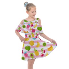 Tropical Fruits Berries Seamless Pattern Kids  Shoulder Cutout Chiffon Dress by Vaneshart