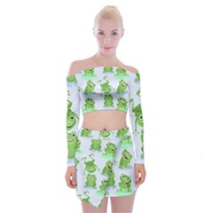 Cute Green Frogs Seamless Pattern Off Shoulder Top With Mini Skirt Set by Vaneshart