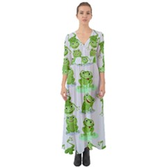 Cute Green Frogs Seamless Pattern Button Up Boho Maxi Dress by Vaneshart