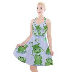 Cute Green Frogs Seamless Pattern Halter Party Swing Dress  by Vaneshart