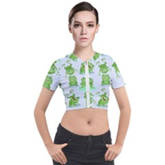 Cute Green Frogs Seamless Pattern Short Sleeve Cropped Jacket by Vaneshart