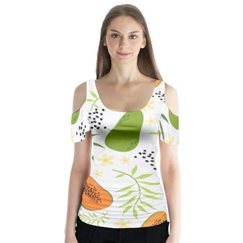 Seamless Tropical Pattern With Papaya Butterfly Sleeve Cutout Tee  by Vaneshart