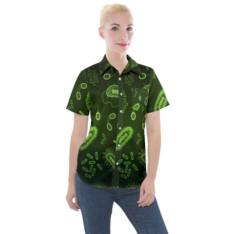 Bacteria Virus Seamless Pattern Inversion Women s Short Sleeve Pocket Shirt by Vaneshart