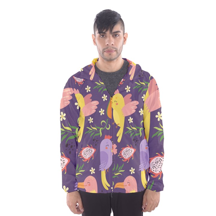 Exotic Seamless Pattern With Parrots Fruits Men s Hooded Windbreaker