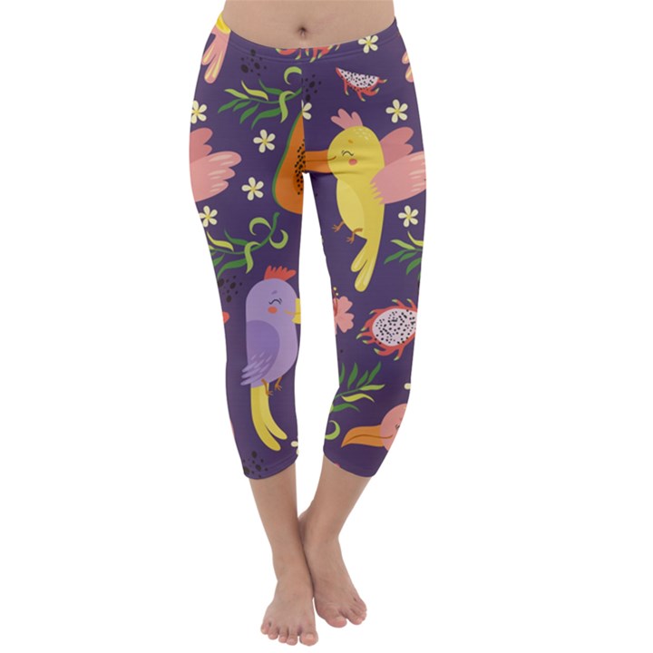 Exotic Seamless Pattern With Parrots Fruits Capri Winter Leggings 