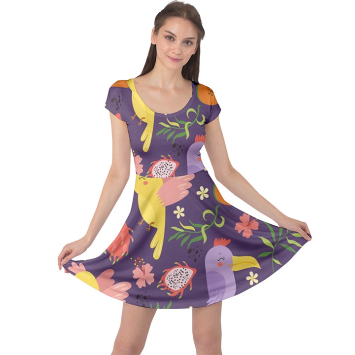 Exotic Seamless Pattern With Parrots Fruits Cap Sleeve Dress