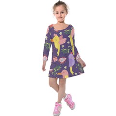 Exotic Seamless Pattern With Parrots Fruits Kids  Long Sleeve Velvet Dress