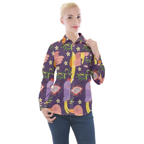 Exotic Seamless Pattern With Parrots Fruits Women s Long Sleeve Pocket Shirt by Vaneshart